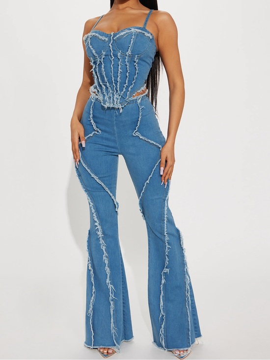 Fashion Nova Pants - NWOT Fashion Nova Blue Distressed Denim Flare Pants Set